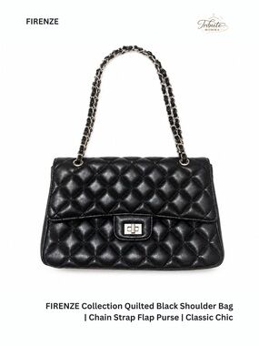 FIRENZE Collection Quilted Black Shoulder Bag | Chain Strap Flap Purse